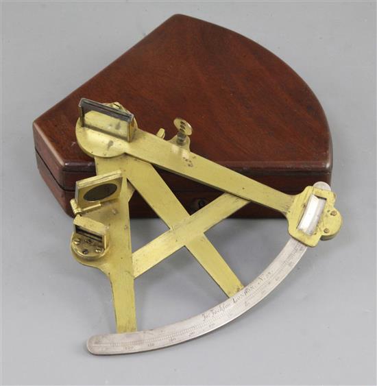 An early George III brass flat frame sextant, No 92 by Joseph Jackson, London, c.1760, fitted mahogany box probably 19th century, 7.75i